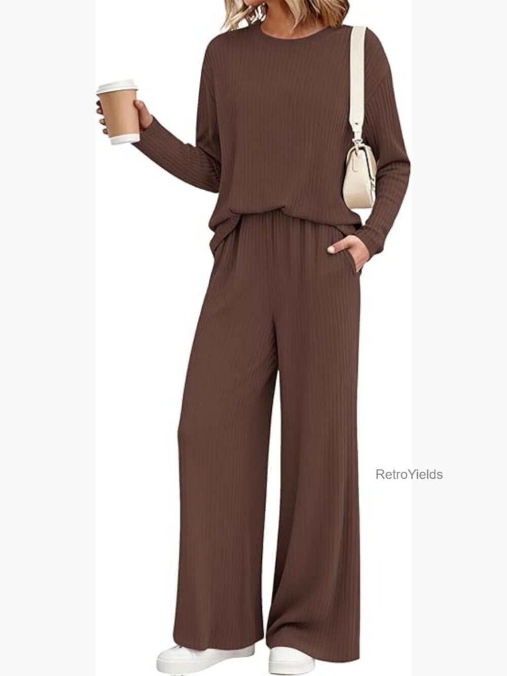 2 Piece Lounge Set Long Sleeve Ribbed Knit Top Wide Leg Pants